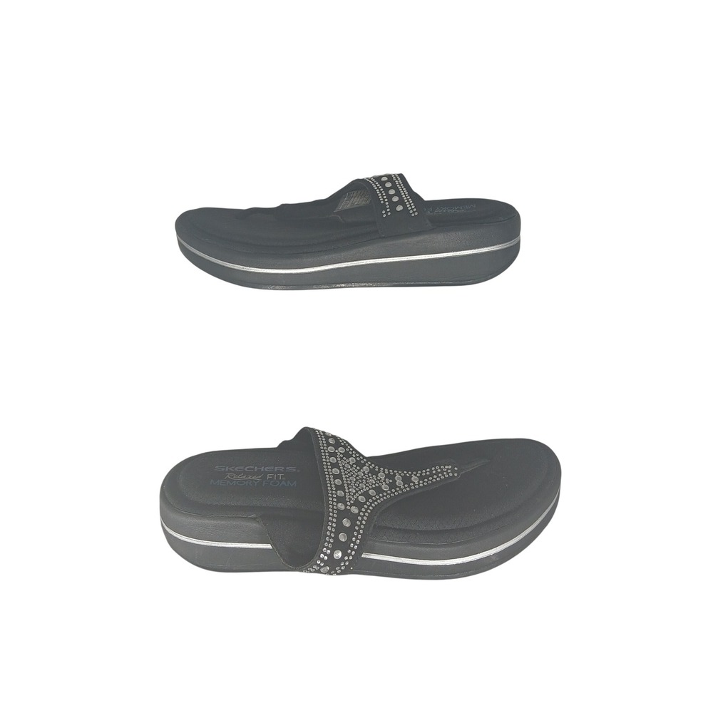 Skechers Relaxed‎ Fit Memory Foam Black Rhinestone Thong Sandals 40767 Womens 6